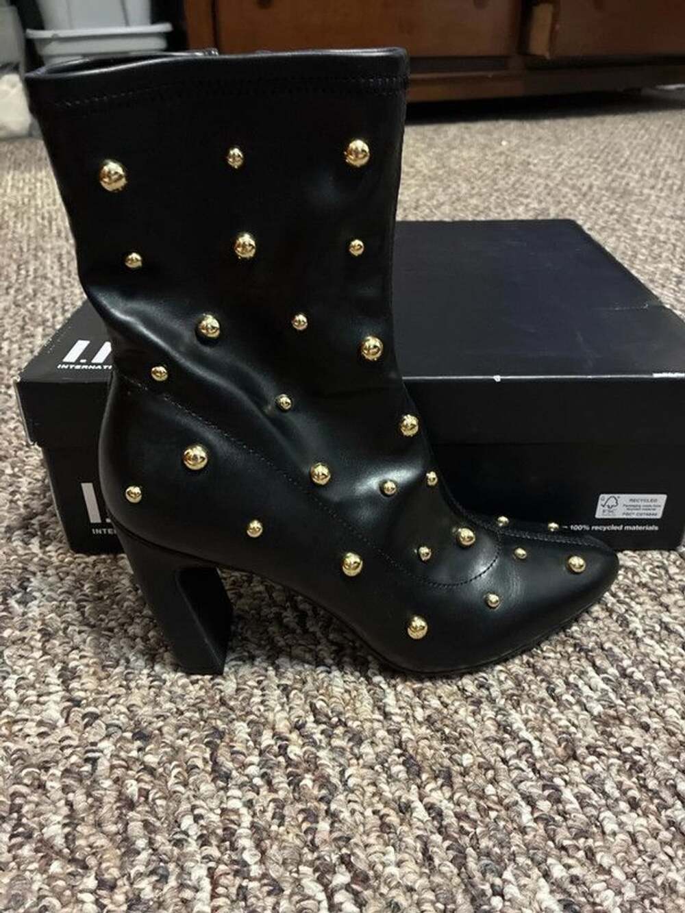Women’s sz 7.5 new in box black gold studded zip up boots I. N. C.